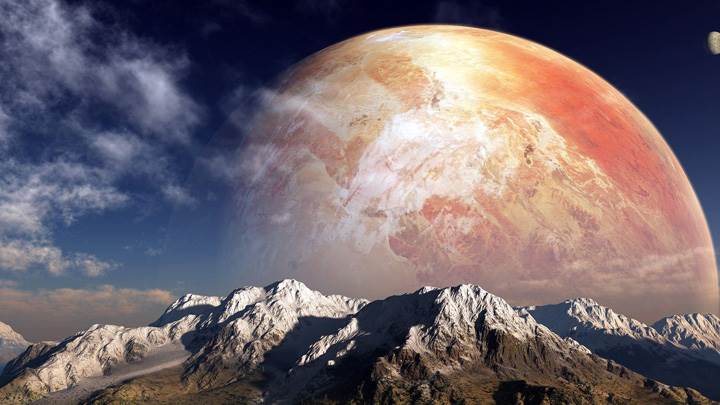 3d Red Planets Over The Mountain